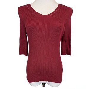 Peruvian Connection Ribbed Knit Top 3/4 Length Sleeves Cut Out Detail Size Small